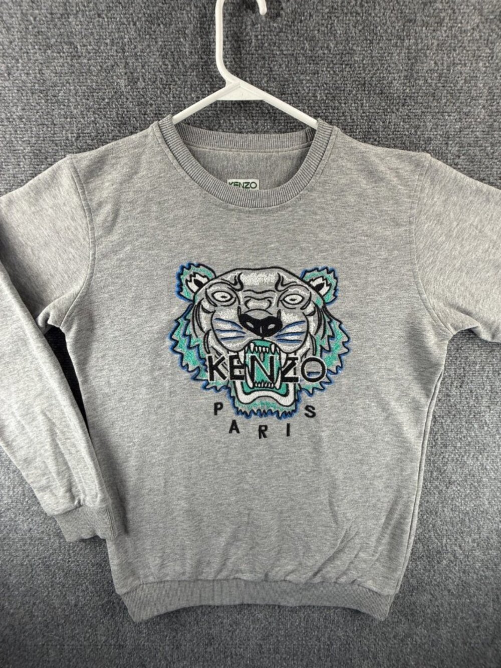 KENZO Paris Sweatshirt Pullover Graphic Print Long Sleeve Gray Tiger Logo Large